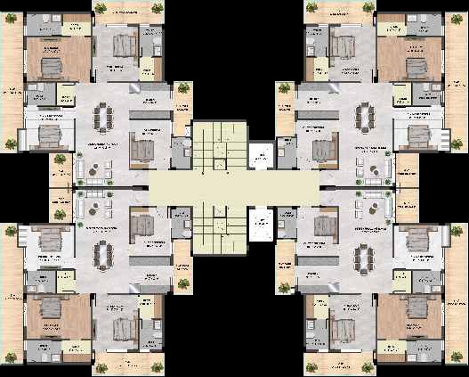 A detailed colored floor plan showing the symmetrical layout of multiple residential apartment units with labeled rooms and furniture.