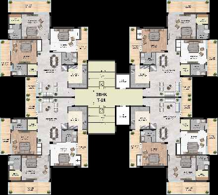 A colored architectural floor plan showing the layout of four apartment units around a central core, labeled 3BHK T-01.
