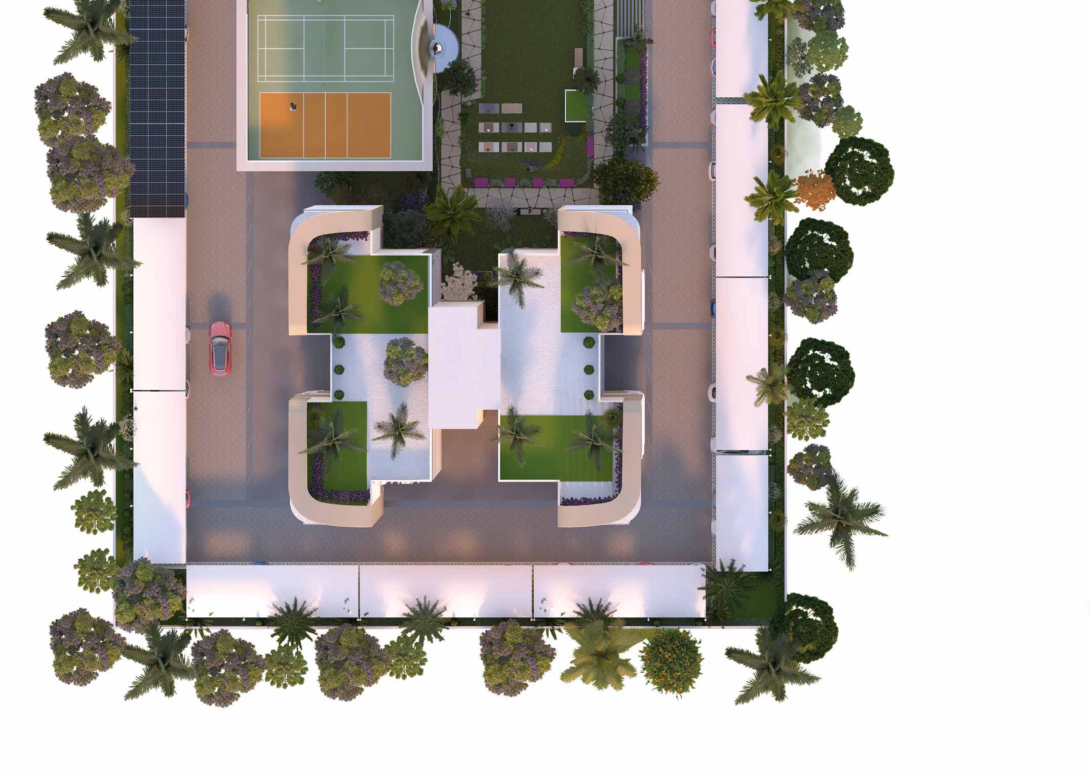 Top-down site plan render showing the building layout, green courtyards, sports court, and surrounding trees.
