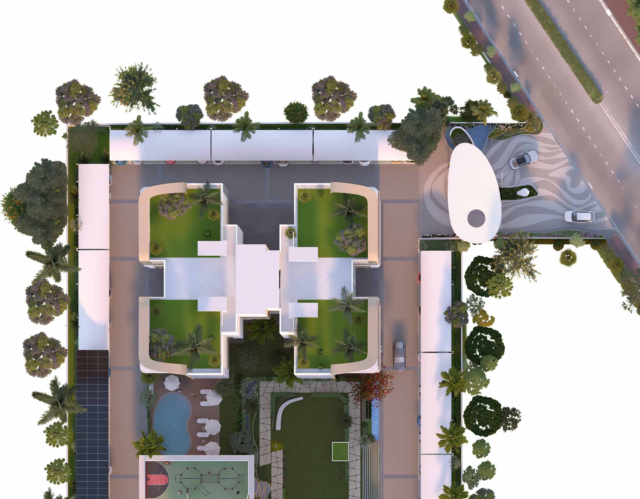 Top-down site plan render showing the building layout, swimming pool, playground, and adjacent road.