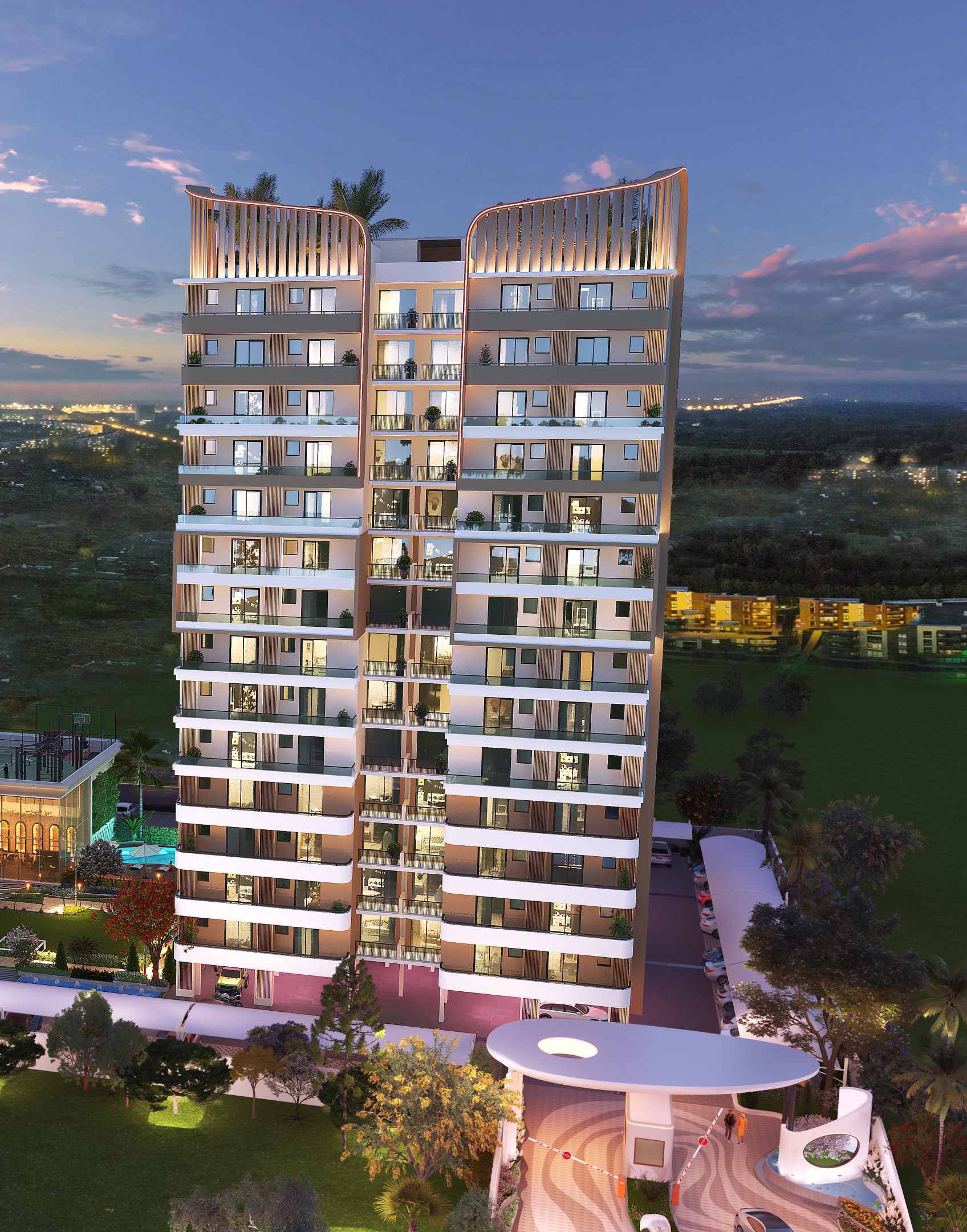 A rendering of a tall apartment building at dusk, showing balconies and a landscaped entrance.