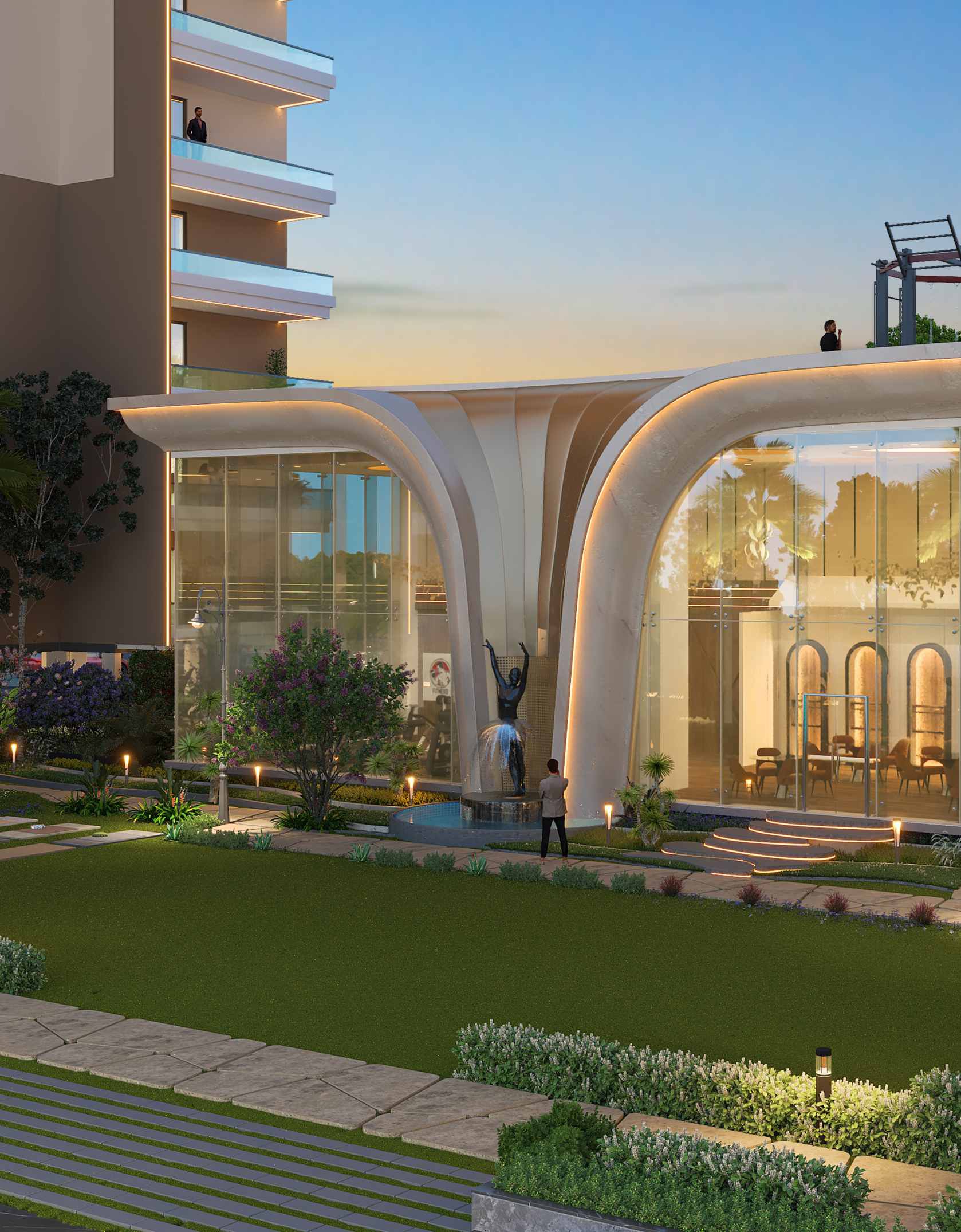 A render of a grand building entrance with large curved white columns, glass facades, a fountain with a statue, and a green lawn at twilight.